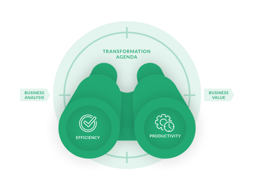 Afbeelding van een verrekijker met erboven het woord transformation agenda.